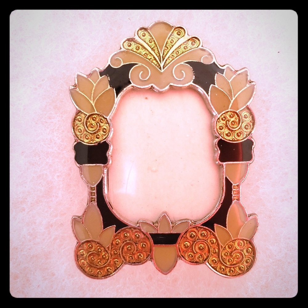 Vintage 1 7/8” X 1 1/4” Golden and Enamel Frame Brooch